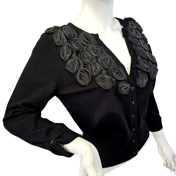 Cyrus Black Rose Embellished Short Cardigan 3/4 Slv Viscose Nylon Knit Womens M - Picture 7 of 11